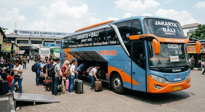 Direct Jakarta to Bali sleeper bus at terminal with passengers boarding