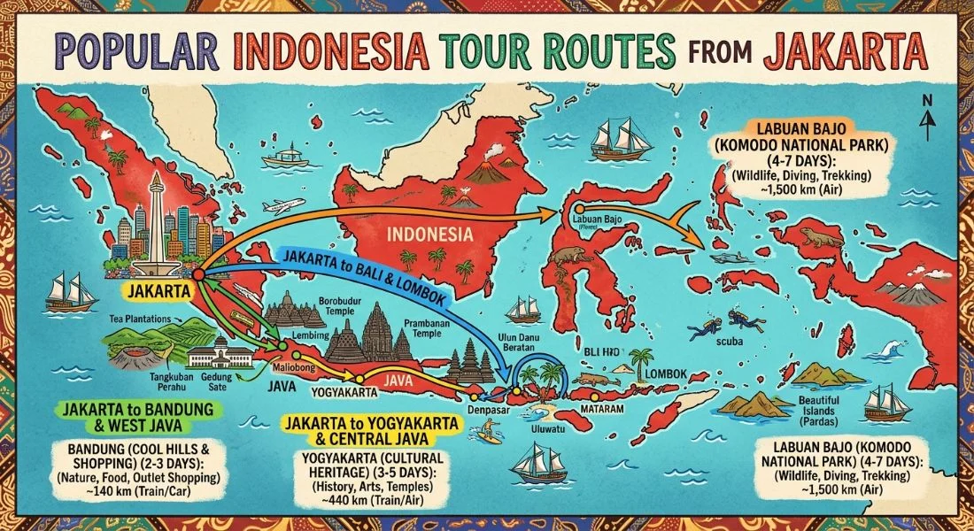 Popular Indonesia Tour Routes from Jakarta Map