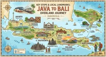 Key stops and local landmarks on the Java to Bali overland journey map