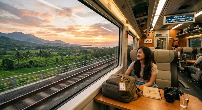 Scenic train journey across Java toward Bali with rice fields view