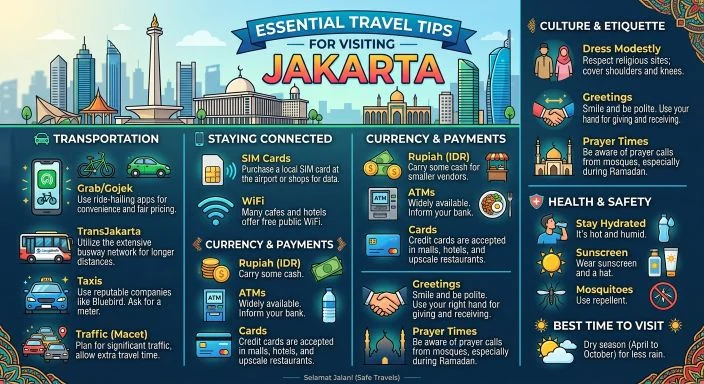 Essential travel tips for visiting Jakarta infographic