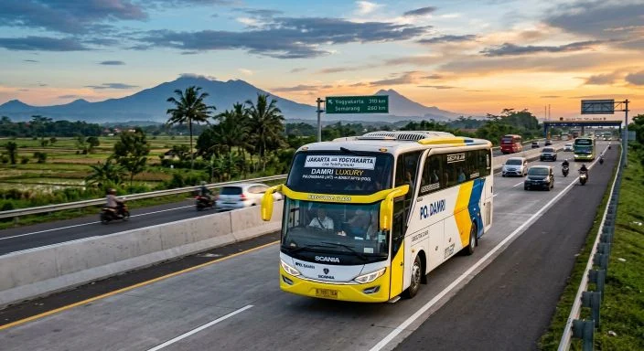 PO Damri luxury bus on the highway from Jakarta toward Yogyakarta at sunset