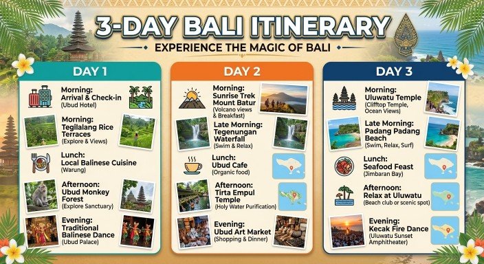 3-Day Bali Itinerary visual guide showing day-by-day plan
