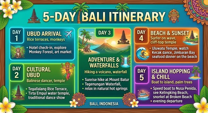 5-Day Bali Itinerary colorful day cards with activities
