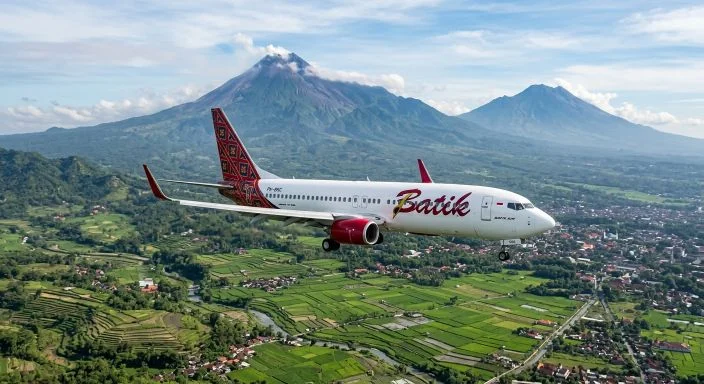 Batik Air plane flying over Java rice fields and volcanoes toward Yogyakarta