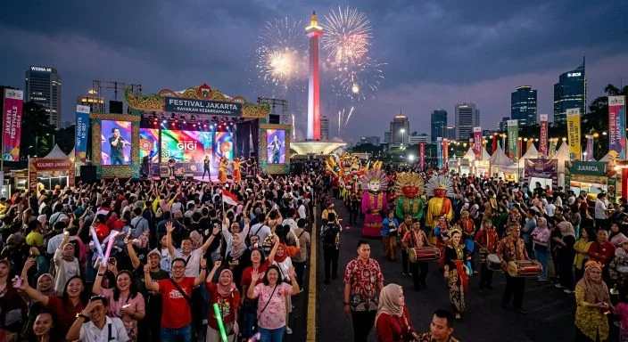 Jakarta Festival night celebration with fireworks and traditional performers