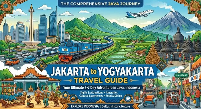 Jakarta to Yogyakarta travel guide illustration showing train, temples and city
